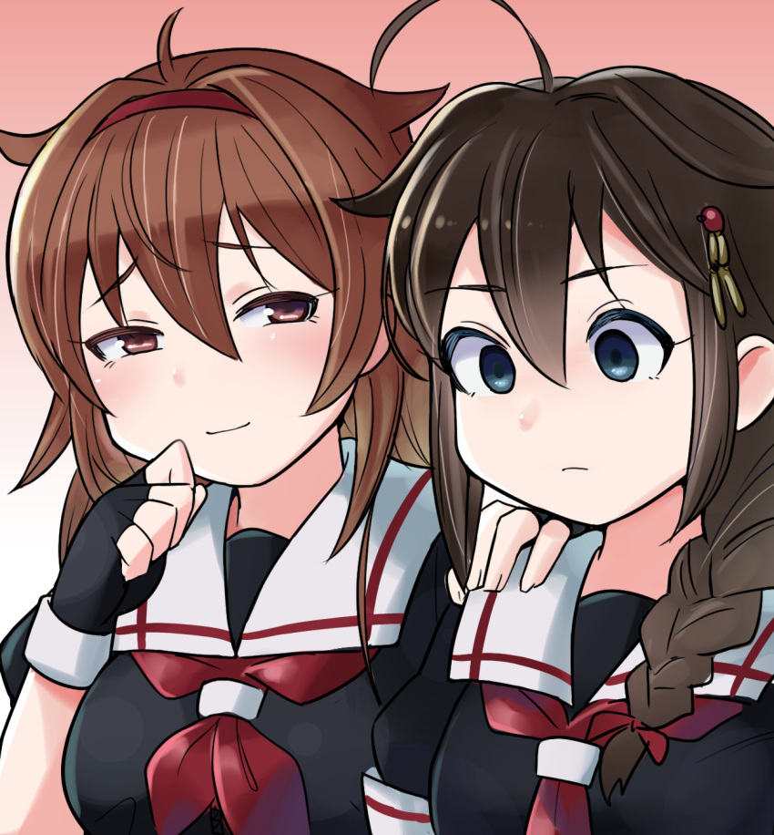 1girl 2girls ahoge bangs black_gloves blue_eyes blush braid breasts brown_hair closed_mouth commentary_request empty_eyes eyebrows_visible_through_hair fingerless_gloves gloves hair_flaps hair_ornament hairband hand_on_another's_shoulder highres kantai_collection long_hair mizuki_kyouto multiple_girls red_hairband red_neckwear remodel_(kantai_collection) sailor_collar school_uniform serafuku shigure_(kantai_collection) shiratsuyu_(kantai_collection) short_sleeves simple_background single_braid smile smug upper_body