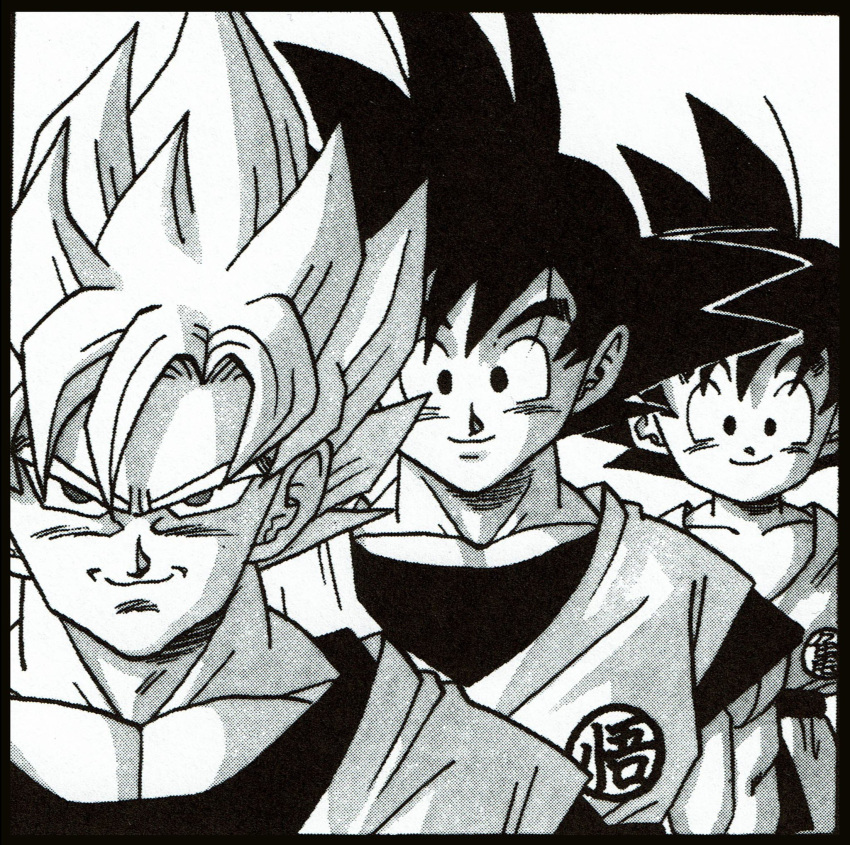 3boys age_progression arms_at_sides backlighting bangs black_border black_eyes black_hair border child close-up closed_mouth clothes_writing collarbone dot_nose dougi dragon_ball dragon_ball_(classic) dragon_ball_z face frown greyscale grin happy height_difference highres looking_at_viewer male_focus monochrome multiple_boys multiple_persona muscle official_art outline pectorals shaded_face simple_background smile son_gokuu spiked_hair super_saiyan toriyama_akira upper_body v-shaped_eyebrows white_background white_outline