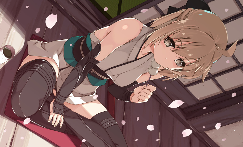 1girl ahoge arm_guards bangs black_bow black_footwear black_gloves boots bow brown_hair commentary dango day dutch_angle eating eyebrows_visible_through_hair fate/grand_order fate_(series) food gauntlets gloves hair_bow highres holding holding_food indian_style japanese_clothes kimono light_brown_eyes looking_at_viewer obi okita_souji_(fate)_(all) outdoors petals sash shikei short_hair short_kimono shouji sitting sleeveless sleeveless_kimono sliding_doors solo thigh_boots thighhighs wagashi white_kimono wooden_floor