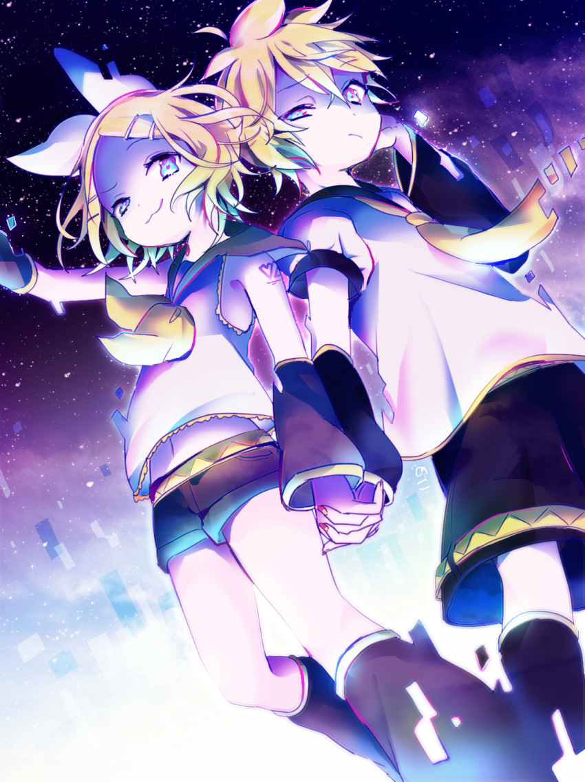 1boy 1girl bangs bare_shoulders black_collar black_shorts black_sleeves blonde_hair blue_eyes bow collar commentary crop_top detached_sleeves digital_dissolve feet_out_of_frame from_below hair_bow hair_ornament hairclip hand_up heart highres holding_hands kagamine_len kagamine_rin leg_warmers light_frown looking_at_viewer looking_down nail_polish nckkk neckerchief necktie night night_sky raised_eyebrow red_nails sailor_collar school_uniform scratching_head shirt short_hair short_ponytail short_shorts short_sleeves shorts shoulder_tattoo siblings sky sleeveless sleeveless_shirt smile smug spiked_hair swept_bangs tattoo twins vocaloid white_bow white_shirt yellow_neckwear
