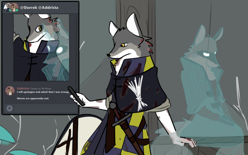 16:10 anthro canid canine canis domestic_dog duo fan_character female ghost hi_res male mammal melee_weapon omnipresentcrayon selfie shield spirit story story_in_description sword texting weapon widescreen wolf