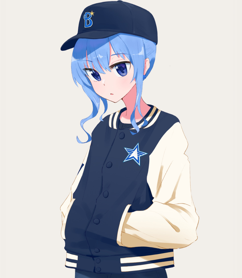 1girl baseball_cap blue_eyes blue_hair blue_headwear commentary hands_in_pockets hat highres hololive hoshimachi_suisei jacket long_sleeves senda_nara short_hair short_hair_with_long_locks sidelocks simple_background standing suisei_channel upper_body virtual_youtuber yokohama_dena_baystars