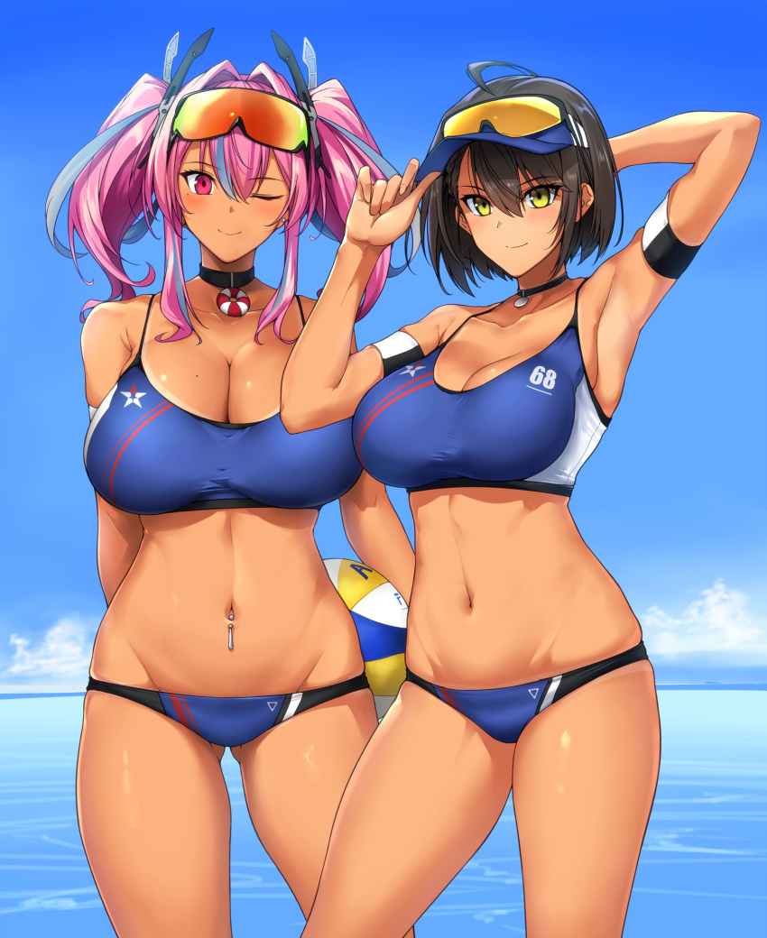 2girls adjusting_clothes adjusting_hat ahoge alternate_costume armband armpits arms_behind_back azur_lane baltimore_(azur_lane) bare_shoulders blush breasts bremerton_(azur_lane) brown_hair choker cleavage closed_mouth commentary cowboy_shot dark_skin eyebrows_visible_through_hair eyewear_on_head friends hair_between_eyes harukon_(halcon) hat headgear highres large_breasts long_hair looking_at_viewer mole mole_on_breast multicolored_hair multiple_girls navel one_eye_closed pink_eyes pink_hair short_hair smile standing streaked_hair tan thighs toned two_side_up yellow_eyes