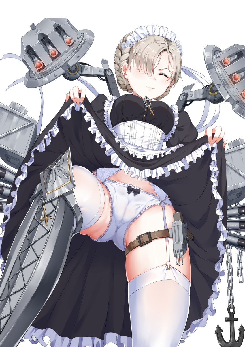 1girl absurdres anchor apron azur_lane blonde_hair blush braid breasts buhualuo chain closed_eyes cross dress eyebrows_visible_through_hair french_braid frilled_apron frills garter_straps gradient gradient_background hair_over_one_eye highres lifted_by_self long_sleeves maid maid_headdress panties sheffield_(azur_lane) short_hair simple_background solo thighhighs torpedo_tubes turret underwear white_apron white_background white_legwear white_panties