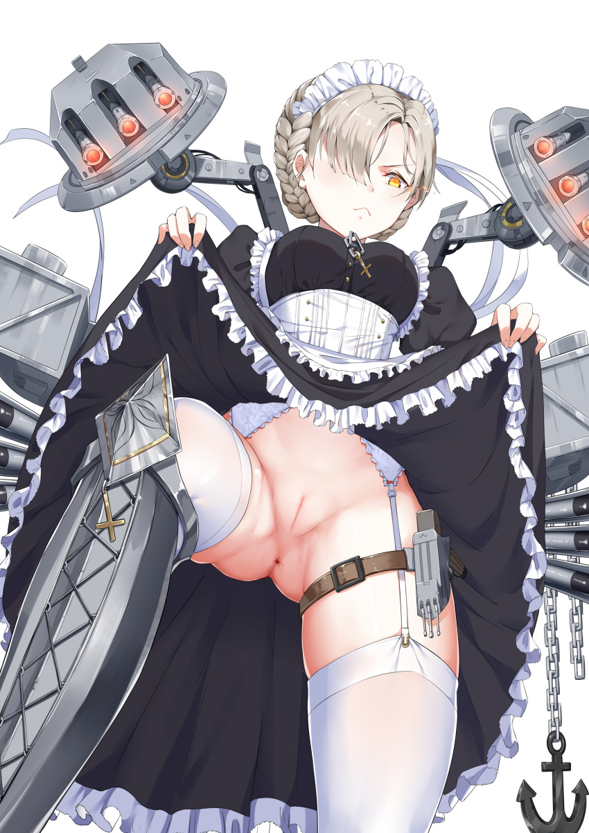1girl absurdres anchor apron azur_lane blonde_hair blush braid breasts buhualuo chain closed_eyes cross dress eyebrows_visible_through_hair french_braid frilled_apron frills garter_straps gradient gradient_background hair_over_one_eye highres lifted_by_self long_sleeves maid maid_headdress no_panties pussy shaded_face sheffield_(azur_lane) short_hair simple_background solo thighhighs torpedo_tubes turret underwear white_apron white_background white_legwear