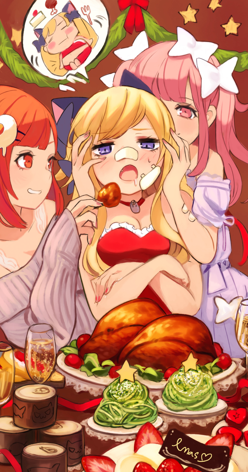 3girls absurdres bangs blonde_hair blunt_bangs bow breasts can choker christmas cleavage dress food fruit grey_sweater hair_bow hair_ornament hairclip highres long_hair long_sleeves meat multiple_girls noodles orange_hair original pink_eyes pink_hair purple_dress purple_eyes red_eyes red_shirt shirt short_hair short_sleeves sleeves_past_wrists strawberry sweater table tokiwata_soul turkey_(food) upper_body white_bow