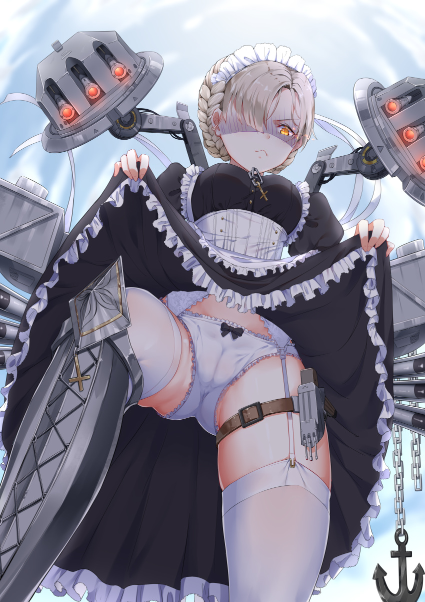 1girl absurdres anchor apron azur_lane blonde_hair blush braid breasts buhualuo chain cross dress eyebrows_visible_through_hair french_braid frilled_apron frills garter_straps gradient gradient_background hair_over_one_eye highres lifted_by_self long_sleeves looking_at_viewer maid maid_headdress panties shaded_face sheffield_(azur_lane) short_hair solo thighhighs torpedo_tubes turret underwear white_apron white_legwear white_panties yellow_eyes