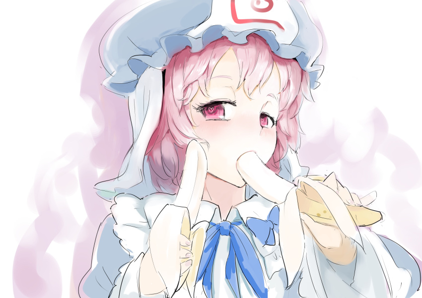 1girl banana blue_bow blue_kimono bow eating food food_in_mouth frilled_kimono frills fruit hat heart heart-shaped_pupils highres hitodama holding holding_food holding_fruit japanese_clothes kimono long_sleeves mob_cap phallic_symbol pink_eyes pink_hair saigyouji_yuyuko sexually_suggestive short_hair simulated_fellatio sinzan solo symbol-shaped_pupils touhou triangular_headpiece wavy_hair wide_sleeves