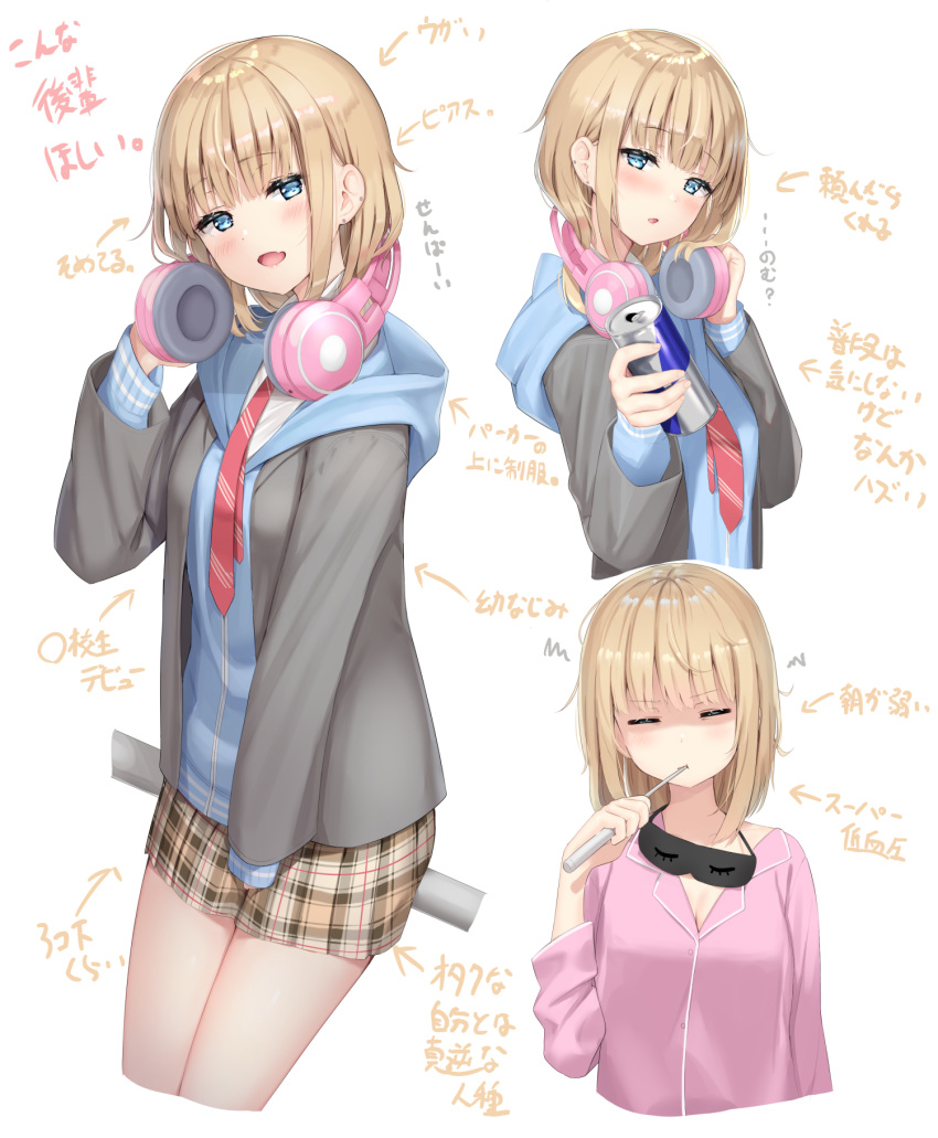 1girl =_= black_jacket blonde_hair blue_eyes blue_shirt brown_skirt brushing_teeth can character_sheet closed_eyes commentary_request ear_piercing hand_up headphones headphones_around_neck highres holding hood hood_down hooded_jacket jacket long_sleeves looking_at_viewer multiple_views necktie original parted_lips piercing plaid plaid_skirt pleated_skirt red_bull reinama shaded_face shirt short_hair skirt sleep_mask translation_request white_background