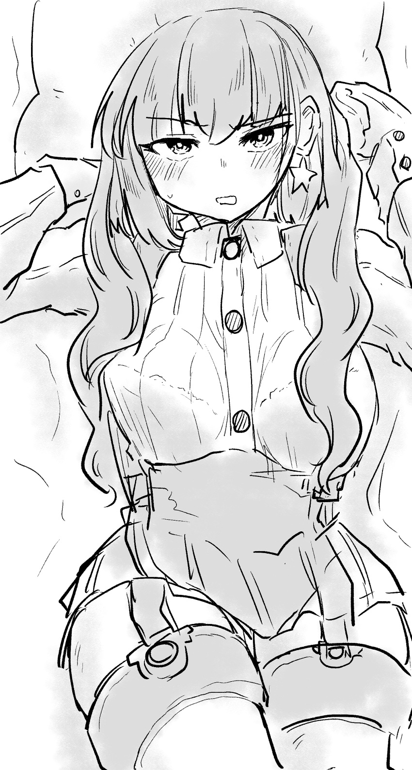 1girl absurdres alternate_hairstyle atlanta_(kantai_collection) bangs bed_sheet breasts buttons collared_shirt commentary cowboy_shot earrings eyebrows_visible_through_hair garter_straps gloves greyscale hair_down hair_over_shoulder high-waist_skirt highres jewelry kantai_collection long_hair long_sleeves looking_at_viewer monochrome no_hat no_headwear partly_fingerless_gloves pillow poyo_(hellmayuge) shirt single_earring skirt solo star star_earrings suspender_skirt suspenders sweat thighhighs