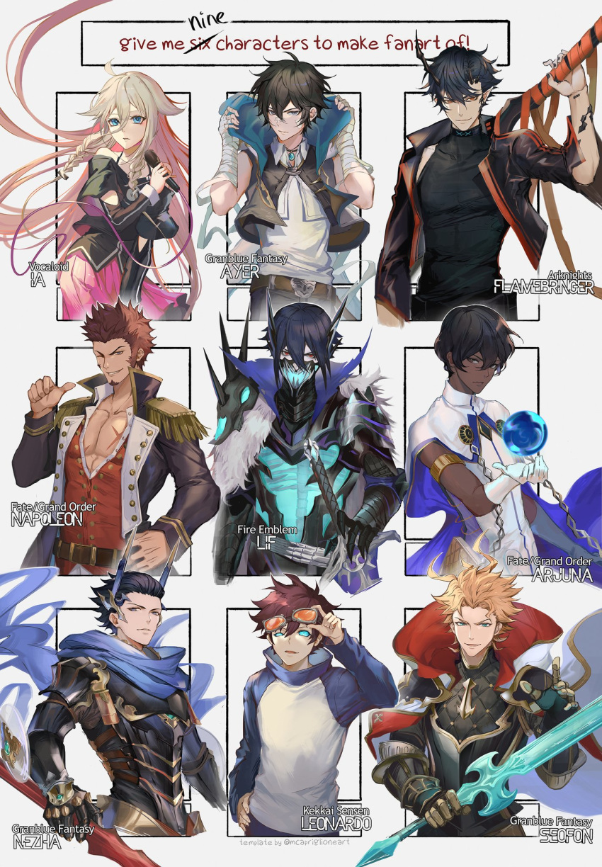 1girl 6+boys abs ahoge arjuna_(fate/grand_order) arknights armor ayer bangs bare_shoulders beard black_armor black_hair black_jacket blonde_hair blue_eyes blue_hair braid breasts brown_hair cape character_name chest crossover dark_skin dark_skinned_male darkavey english_text epaulettes eyebrows_visible_through_hair facial_hair fate/grand_order fate_(series) fire_emblem fire_emblem_heroes flamebringer_(arknights) gauntlets gloves goggles goggles_on_head hair_between_eyes hair_slicked_back hand_on_hip highres hood horned_mask horns ia_(vocaloid) jacket jewelry kekkai_sensen leonardo_watch lif_(fire_emblem) long_hair long_sleeves looking_at_viewer male_focus mask masked microphone military military_uniform multiple_boys multiple_crossover muscle napoleon_bonaparte_(fate/grand_order) nezha_(granblue_fantasy) one_eye_closed open_clothes open_mouth pale_skin pants pectorals pink_hair pleated_skirt pointing pointing_at_self pointy_ears red_eyes red_hair scar scarf shirt short_hair siete silver_hair simple_background six_fanarts_challenge skirt smile spiked_hair sword twin_braids uniform upper_body very_long_hair vocaloid weapon white_gloves white_hair