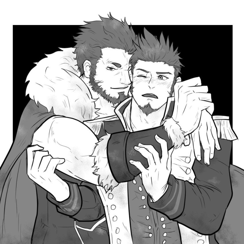 2boys armor armored_dress arms_around_neck arms_at_sides arms_up atiskw bara beard biceps blush cape collared_shirt crossed_arms epaulettes facial_hair fate/grand_order fate_(series) fur_collar hand_on_another's_arm head_to_head highres leather long_sleeves looking_at_another male_focus military military_uniform monochrome multiple_boys muscle napoleon_bonaparte_(fate/grand_order) one_eye_closed open_mouth outstretched_arms rider_(fate/zero) shirt sideburns simple_background smile t-shirt uniform