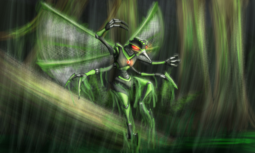 2_toes 4_arms ambiguous_gender armor arthropod bionicle claws detailed_background digital_drawing_(artwork) digital_media_(artwork) fog gorast green_body hi_res humanoid insect_wings lego machine makuta mask membrane_(anatomy) membranous_wings monster moss multi_arm multi_limb not_furry outside red_eyes robot scorpion-strike simple_background solo swamp toe_claws toes tree water wings