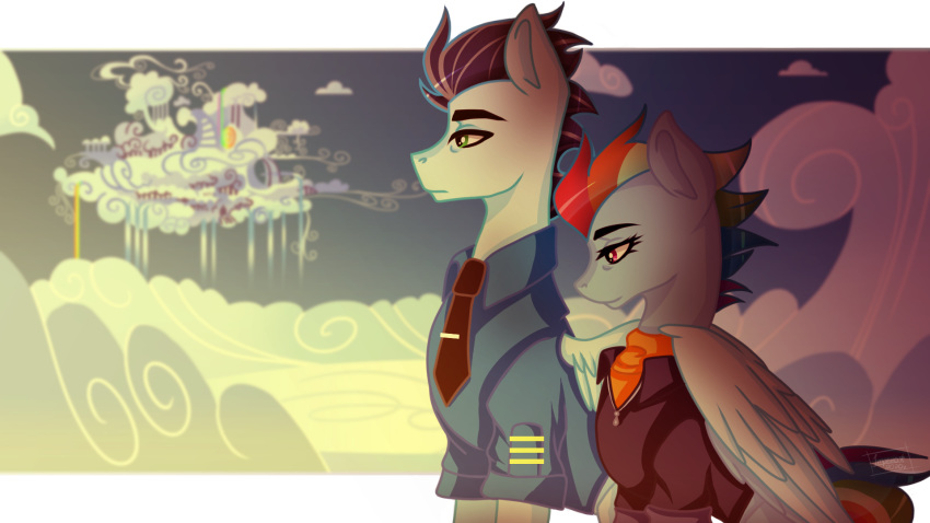 16:9 alpha_channel city cityscape clothing cloudscape dress_shirt duo equid equine female feral friendship_is_magic hi_res horse imperiaaa male male/female mammal my_little_pony pony pterippus rainbow rainbow_dash_(mlp) shirt sky soarin_(mlp) topwear widescreen wings wonderbolts_(mlp)