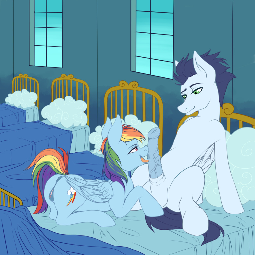 1:1 anus bakas0baka balls bed duo equid equine fellatio female feral friendship_is_magic furniture genitals hi_res horse male male/female mammal my_little_pony oral penile penis pony pterippus pussy rainbow_dash_(mlp) sex soarin_(mlp) wings wonderbolts_(mlp)