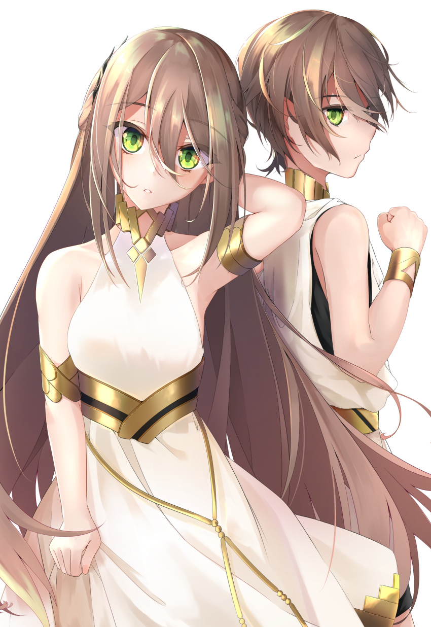 1boy 1girl absurdres adele_(fate) arm_behind_head armlet armpits bangs bare_shoulders bracelet breasts brown_hair collar dress fate/grand_order fate_(series) green_eyes hair_between_eyes highres jewelry long_hair looking_at_viewer makarios_(fate) medium_breasts metal_collar open_mouth oriuo_q short_hair simple_background white_background white_dress white_robe