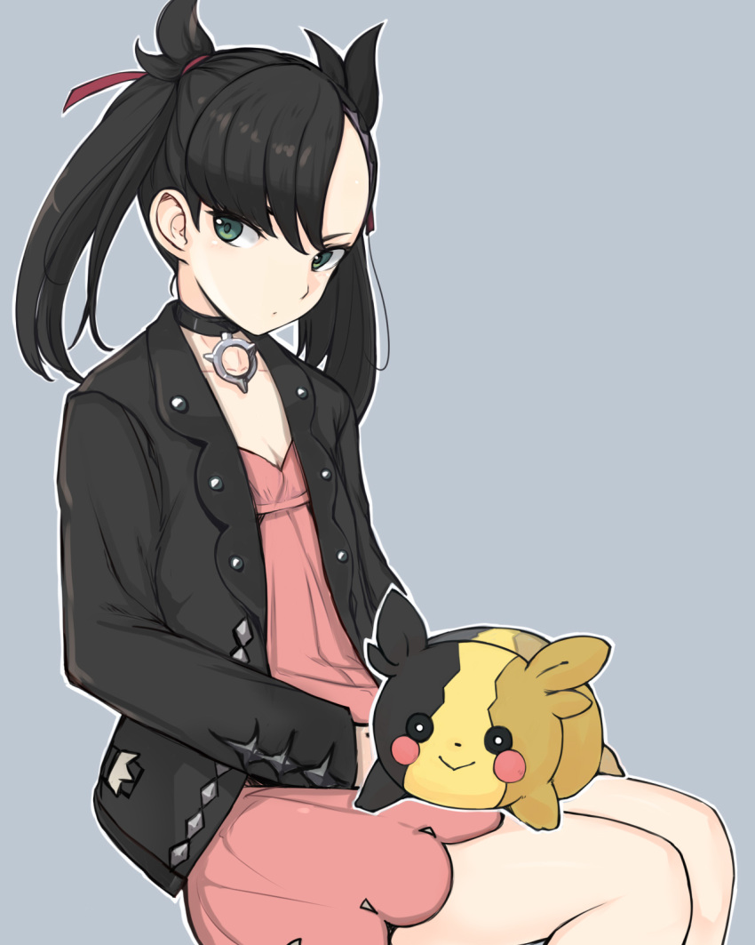 1girl asymmetrical_bangs asymmetrical_hair bangs black_choker black_jacket blue_background breasts choker cleavage dress gen_8_pokemon ginji74 green_eyes hair_ribbon highres jacket long_hair long_sleeves looking_away looking_to_the_side mary_(pokemon) morpeko morpeko_(full) open_clothes open_jacket outline pink_dress pink_ribbon pokemon pokemon_(creature) pokemon_(game) pokemon_swsh ribbon short_dress sitting small_breasts twintails white_outline