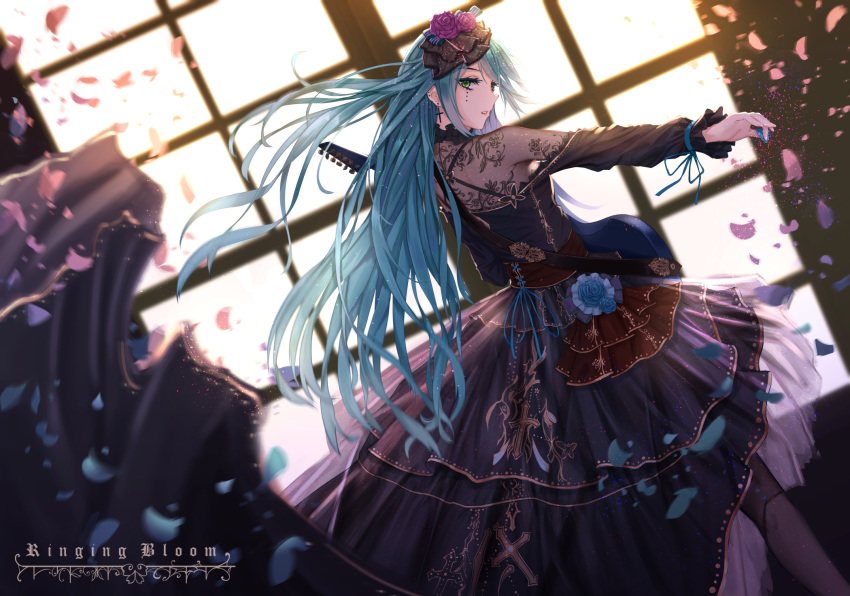 1girl aqua_hair bang_dream! black_legwear commentary corset cross cross_earrings dress earrings electric_guitar english_commentary flower green_eyes guitar hair_flower hair_ornament highres hikawa_sayo instrument jewelry lace long_hair long_sleeves looking_back navy_blue_dress open_mouth outstretched_arm petals plectrum purple_flower sleeve_ribbon solo song_name very_long_hair window yuzuriha