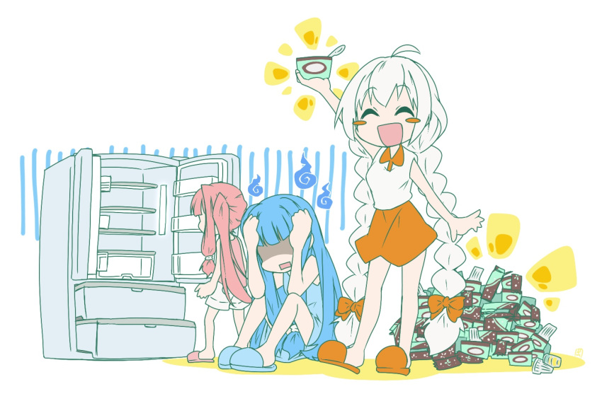 3girls ahoge bangs blue_footwear blue_hair blunt_bangs blush_stickers braid chibi chocolate_mint_ice_cream closed_eyes commentary cup ekaki-ya_okamoto food gloom_(expression) hair_ribbon hands_on_own_head hitodama holding holding_cup ice_cream ice_cream_bar kizuna_akari kotonoha_akane kotonoha_aoi long_hair miniskirt multiple_girls orange_footwear orange_skirt pink_footwear pink_hair refrigerator ribbon shaded_face shirt siblings sidelocks sitting skirt sleeveless sleeveless_shirt slippers smile twin_braids twins very_long_hair vocaloid voiceroid white_hair white_shirt