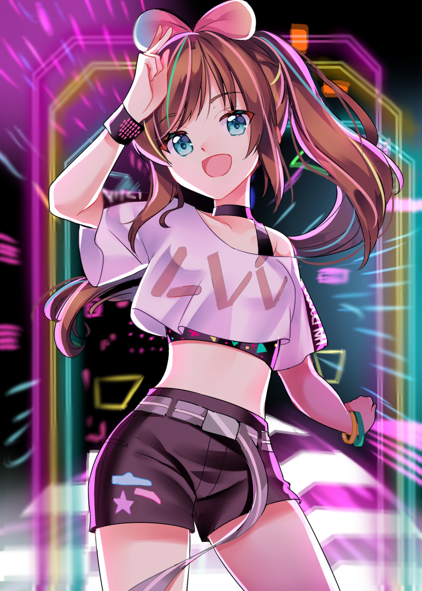 1girl :d a.i._channel absurdres bangs belt black_shorts blue_eyes bracelet brown_hair choker collarbone cowboy_shot cropped_legs dancing eyebrows_visible_through_hair floating_hair hair_ornament hand_up highres jewelry kizuna_ai long_hair midriff neon_lights off-shoulder_shirt off_shoulder open_mouth ponytail print_shirt shirt shorts smile solo standing stomach very_long_hair virtual_youtuber white_shirt yaya_chan