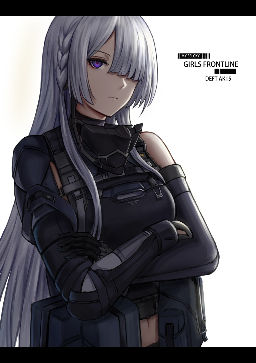 1girl absurdres ak-15_(girls_frontline) bangs bare_shoulders braid closed_mouth commentary_request crossed_arms elbow_gloves girls_frontline gloves hair_over_one_eye highres long_hair looking_at_viewer mask_around_neck midriff navel open_eyes parted_bangs pouch purple_eyes selcky sidelocks silver_hair tactical_clothes