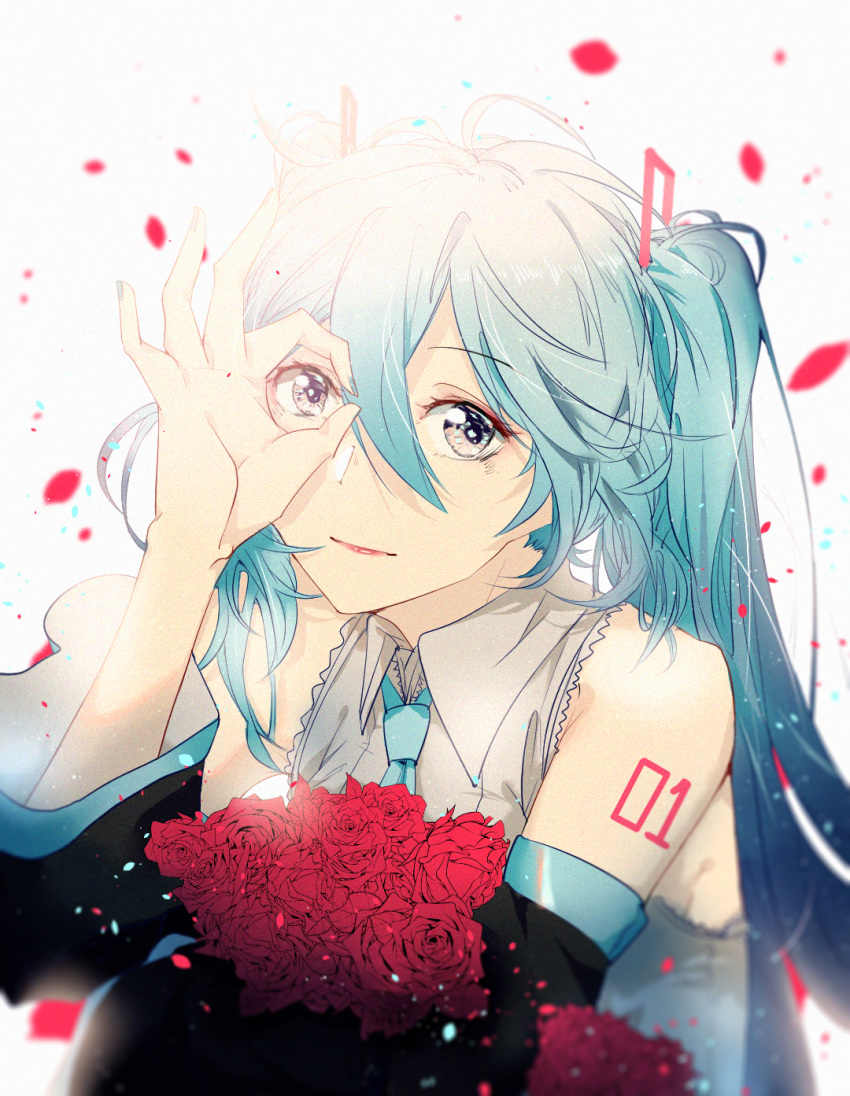 1girl aqua_eyes aqua_hair aqua_nails aqua_neckwear bare_shoulders black_sleeves blurry bouquet commentary depth_of_field detached_sleeves english_commentary falling_petals flower grey_shirt hair_ornament hand_over_eye hatsune_miku highres holding holding_bouquet jin_yun lipstick long_hair looking_at_viewer makeup nail_polish necktie ok_sign portrait red_flower red_rose rose shirt shoulder_tattoo sleeveless sleeveless_shirt tattoo twintails very_long_hair vocaloid white_background