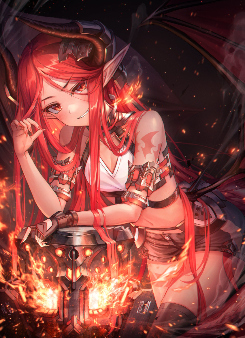 1girl absurdres bare_shoulders black_legwear black_shorts chyopeuteu cowboy_shot crop_top dragon_horns dragon_wings fingernails fire flat_chest grin hand_up head_tilt highres horns long_hair looking_at_viewer midriff nail_polish navel original pointy_ears red_eyes red_hair red_nails sharp_fingernails shirt short_shorts shorts sidelocks sleeveless sleeveless_shirt smile solo stomach strap thighhighs thighs very_long_hair white_shirt wings