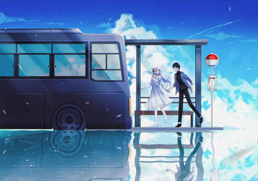 1boy 1girl absurdres black_footwear black_hair black_pants black_shirt blue_jacket blue_sky bus bus_stop butterfly_hair_ornament cloud cloudy_sky commentary_request day dress ground_vehicle hair_ornament high_heels highres huge_filesize jacket long_hair miyo_(user_zdsp7735) motor_vehicle open_clothes open_jacket original outdoors pants reflection shirt shoes short_sleeves silver_hair sky socks standing standing_on_one_leg very_long_hair water white_dress white_footwear white_legwear wrist_grab
