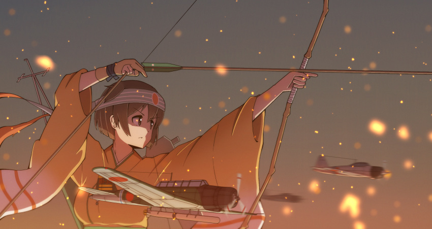 1girl a6m_zero aircraft airplane arrow b5n bow_(weapon) breasts brown_eyes brown_gloves brown_hair flight_deck from_side gloves headband highres hiryuu_(kantai_collection) holding holding_arrow holding_bow_(weapon) holding_weapon japanese_clothes kantai_collection kimono large_breasts one_side_up partly_fingerless_gloves potudamu_hisou quiver remodel_(kantai_collection) short_hair single_glove solo upper_body weapon wide_sleeves yellow_kimono yugake