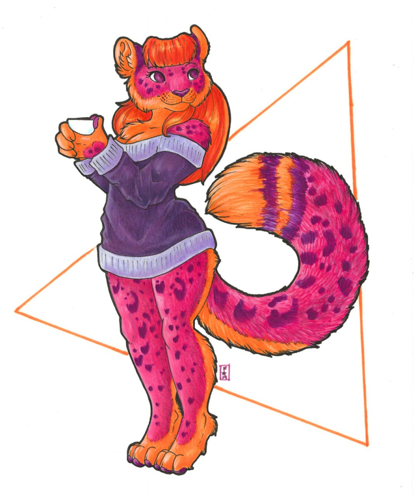 2019 anthro bottomless breasts chest_tuft clothed clothing cup digitigrade felid female foxene fur hi_res mammal pantherine pink_body pink_eyes pink_fur pink_nose simple_background snow_leopard solo tuft white_background