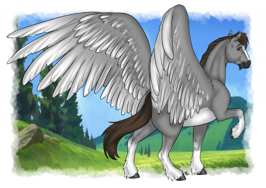 brown_eyes brown_hair dallas_prairiewind detailed_background equid equine feathered_wings feathers feral grey_body hair hooves looking_at_viewer looking_back male mammal markings pterippus rear_view smile solo tabascocat white_markings wings