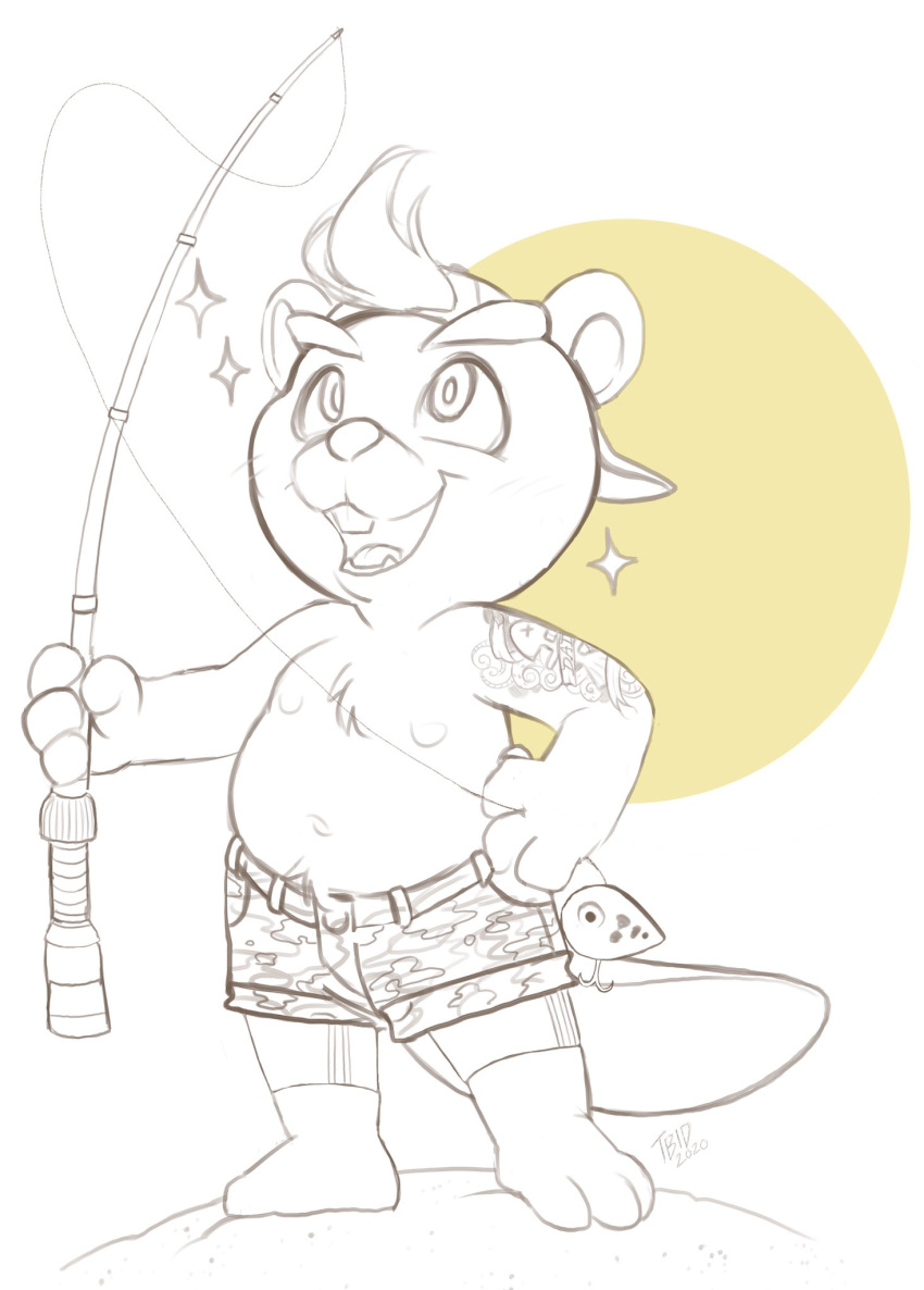 animal_crossing anthro beaver bottomwear buckteeth c.j._(animal_crossing) celestial chibi clothed clothing fishing_rod freckles hi_res male mammal nintendo nipples rodent shorts solo sparkles tattoo teeth topless video_games