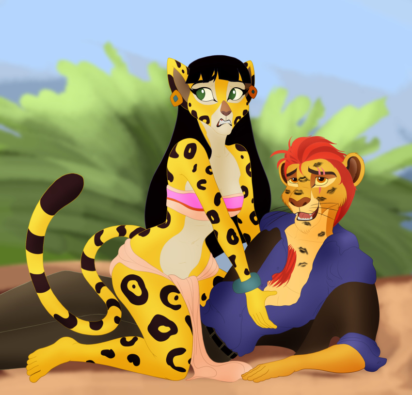 anthro anthrofied astraldog cheetah clothing disney duo felid feline female fuli hair hi_res kion kiss_mark lion loincloth long_hair male male/female mammal open_mouth outside pantherine the_lion_guard the_lion_king the_road_to_el_dorado tribal