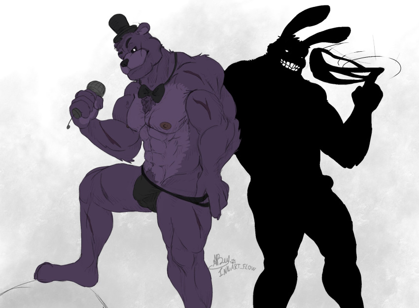 5_fingers abs anthro barely_visible_genitalia barely_visible_penis black_body black_clothing black_sclera black_underwear bow_tie clenched_teeth clothed clothing duo empty_eyes fingers five_nights_at_freddy's fur genitals hat headgear headwear hi_res holding_microphone holding_object inkart_flow jockstrap lagomorph leporid looking_at_viewer male mammal microphone nipples nude penis pubes purple_body purple_fur rabbit scar shadow_bonnie_(fnaf) shadow_freddy_(fnaf) simple_background step_pose teeth top_hat topless underwear ursid video_games white_background