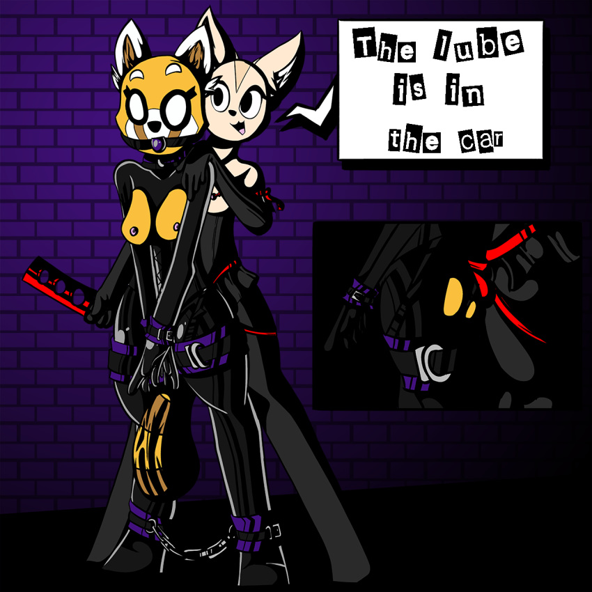 1:1 aggressive_retsuko ailurid anthro ball_gag bdsm bondage bound breasts canid canine clothed clothing dialogue dildo duo english_text female fennec fenneko fox fur gag gagged hi_res krano_network leather male male/female mammal nipples open_mouth paddle purple_background red_panda retsuko rubber rubber_suit sanrio sex_toy simple_background smile standing strapon submissive text tongue white_eyes wide_hips