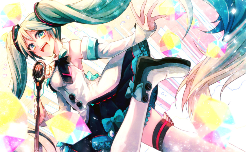 1girl bare_shoulders black_skirt boots cube detached_sleeves double-breasted dress dutch_angle eighth_note frilled_skirt frills from_side hair_ornament hatsune_miku highres holding holding_wand leg_up long_hair looking_at_viewer looking_to_the_side magical_mirai_(vocaloid) microphone microphone_wand musical_note musical_note_print open_mouth outstretched_arm ponita skirt sleeveless sleeveless_dress sleeves_past_wrists smile solo thigh_boots thighhighs twintails very_long_hair vocaloid wand white_dress white_legwear white_sleeves wings