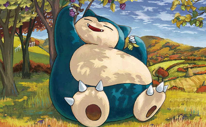 blue_sky claws closed_eyes cloud cloudy_sky commentary creature day english_commentary fangs fence food fruit full_body gen_1_pokemon grapes grass happy holding holding_food holding_fruit multiple_sources no_humans official_art outdoors pokemon pokemon_(creature) pokemon_trading_card_game sitting sky snorlax solo third-party_source tree yamaki_eri