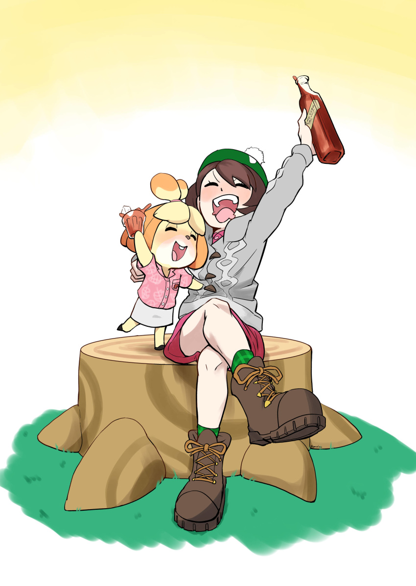 2girls absurdres alcohol arm_up boots bottle brown_hair company_connection crossed_legs crossover cup dog_girl doubutsu_no_mori drinking_glass gomesu_(gomes0343) grey_cardigan hawaiian_shirt highres multiple_girls open_mouth pokemon pokemon_(game) pokemon_swsh shirt shizue_(doubutsu_no_mori) smile tam_o'_shanter tree_stump whiskey yuuri_(pokemon)