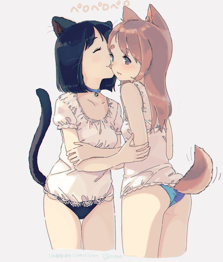 2girls animal_ears ass bangs bell bell_choker black_panties blue_choker blue_panties blush breasts brown_eyes cat_ears cat_girl cat_tail cheek_licking choker closed_eyes commentary_request cropped_legs dog_ears dog_girl dog_tail eyebrows_behind_hair face_licking grey_background highres jingle_bell kokudou_juunigou licking long_hair multiple_girls no_pants original panties parted_lips puffy_short_sleeves puffy_sleeves shirt short_hair short_sleeves simple_background small_breasts tail tail_raised thick_eyebrows tongue tongue_out translation_request underwear white_shirt