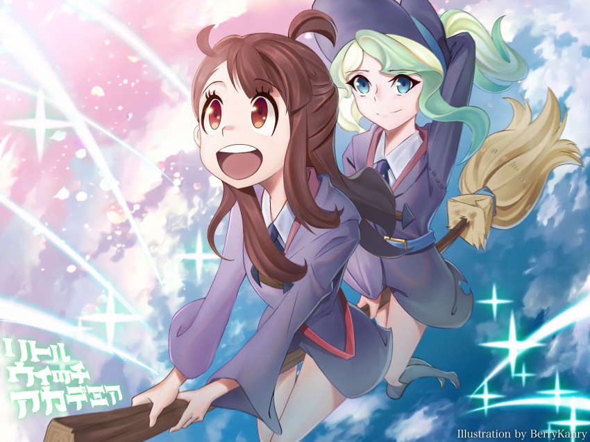 2girls alternate_hairstyle berrykanry blonde_hair blue_eyes broom broom_riding brown_hair cloud cloudy_sky couple diana_cavendish happy highres kagari_atsuko little_witch_academia looking_at_another luna_nova_school_uniform multicolored_hair multiple_girls open_mouth ponytail red_eyes school_uniform sky smile star star_(sky) thighs two-tone_hair uniform yuri