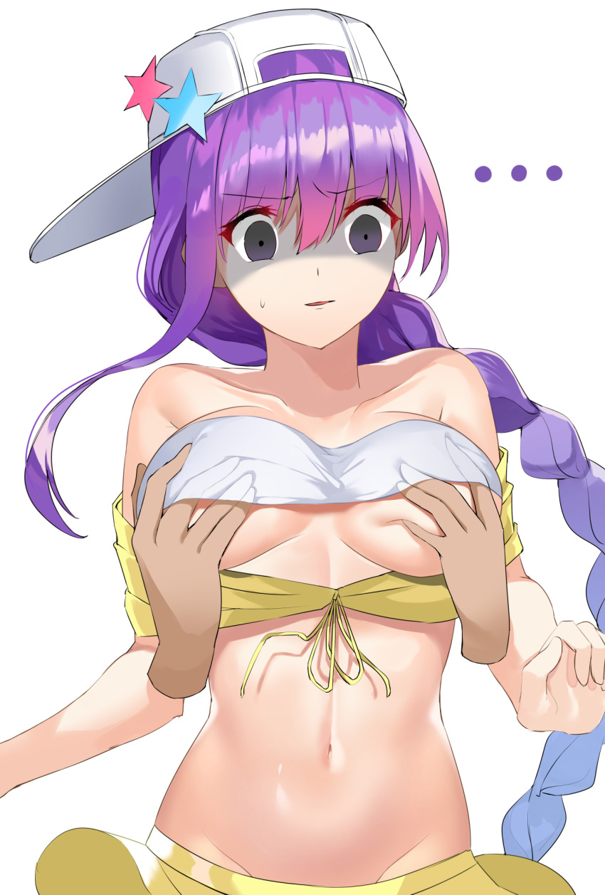 ... 1girl backwards_hat bandeau bangs bare_shoulders baseball_cap bb_(fate)_(all) bb_(swimsuit_mooncancer)_(fate) breast_grab breasts cropped_jacket disembodied_hands fate/grand_order fate_(series) grabbing hat hat_ornament highres jacket large_breasts long_hair navel parted_lips purple_eyes purple_hair shaded_face simple_background star star_hat_ornament tsukise_miwa very_long_hair white_background white_headwear yellow_jacket