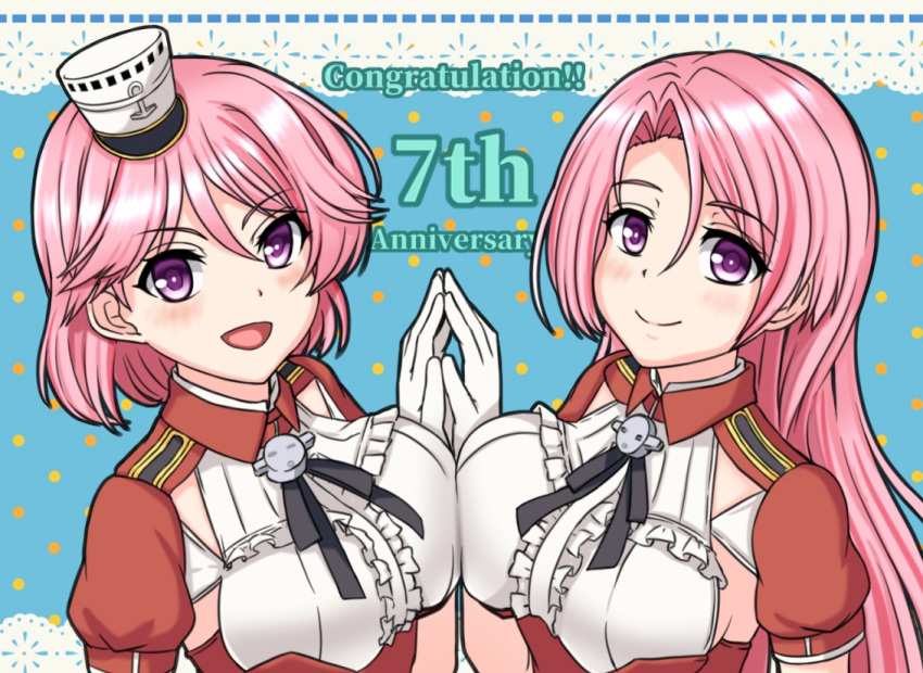 2girls anniversary armpit_cutout bangs black_neckwear blush breast_press breasts english_text engrish_text eyebrows_visible_through_hair giuseppe_garibaldi_(kantai_collection) gloves hair_between_eyes hat kantai_collection karuna_(madlax) large_breasts long_hair luigi_di_savoia_duca_degli_abruzzi_(kantai_collection) mini_hat multiple_girls neck_ribbon open_mouth pink_hair polka_dot polka_dot_background purple_eyes ranguage ribbon short_hair short_sleeves simple_background smile upper_body white_gloves