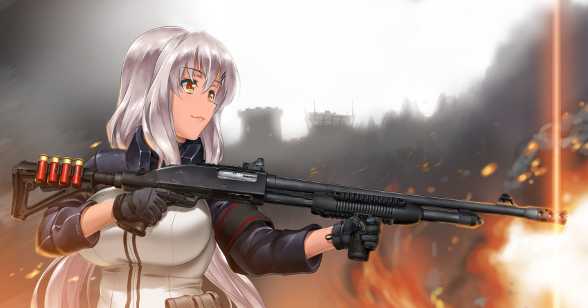 1girl armband black_gloves building byeontae_jagga dark_skin embers from_side girls_frontline gloves gun hair_between_eyes hair_ornament hairclip highres holding holding_weapon lens_flare long_hair looking_to_the_side m590_(girls_frontline) mossberg_590 pouch pump_action shotgun shotgun_shells sight silver_hair solo tan trigger_discipline vertical_foregrip weapon yellow_eyes