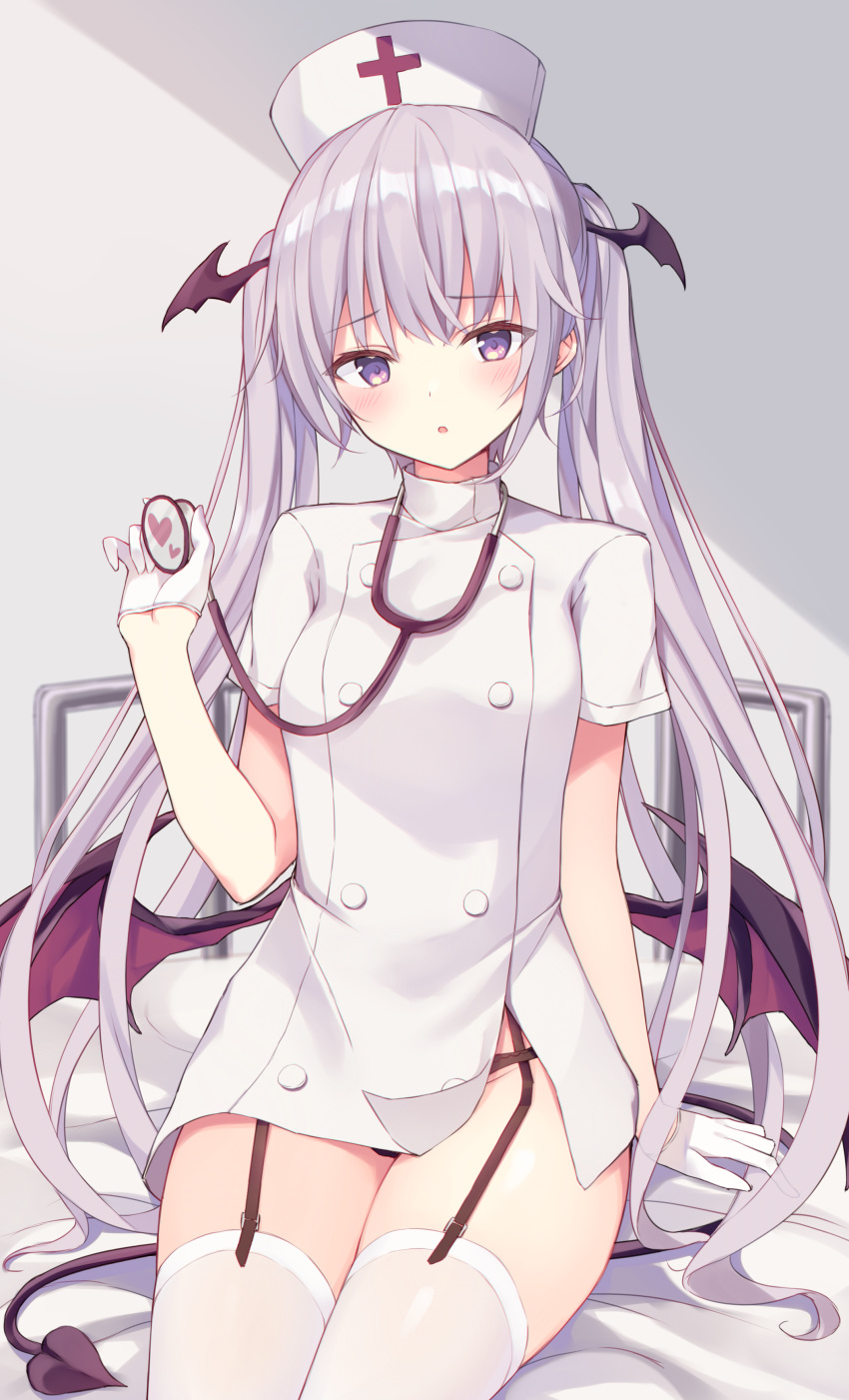 1girl absurdres bed black_panties breasts demon_girl demon_tail demon_wings double-breasted garter_straps gloves hand_up hat head_wings highres hospital_bed long_hair looking_at_viewer no_pants nurse_cap original panties parted_lips purple_eyes shirt short_sleeves silver_hair sitting small_breasts solo stethoscope tail thighhighs thighs tsuzaki_tsunomi twintails underwear very_long_hair white_gloves white_legwear white_shirt wings
