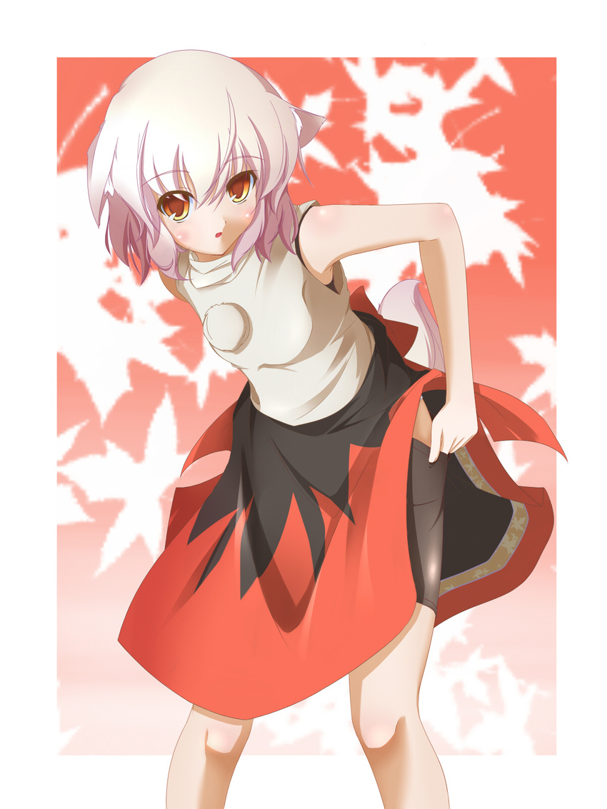 animal_ears bare_shoulders bike_shorts blush chus ears_down gradient_hair highres inubashiri_momiji leaning_forward multicolored_hair no_hat no_headwear pink_hair pulled_by_self shorts shorts_pull sleeveless solo tail touhou white_hair wolf_ears wolf_tail yellow_eyes