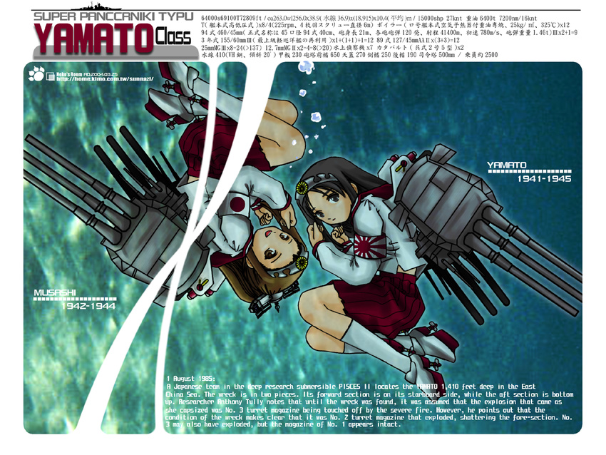 battleship black_hair brown_hair english fetal_position imperial_japanese_navy mecha_musume military military_vehicle multiple_girls musashi_(battleship) original personification rotational_symmetry ship sunnazi text_focus underwater warship watercraft yamato_(battleship)