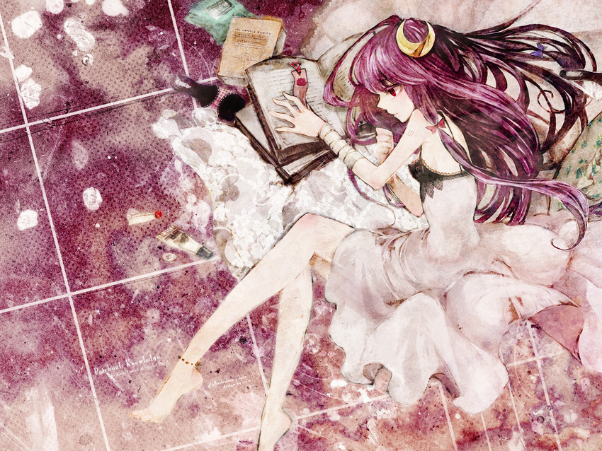 alternate_costume bandages barefoot book bookmark crescent crescent_hair_ornament dress duca hair_ornament highres legs long_hair lying on_side patchouli_knowledge purple_hair red_eyes solo touhou
