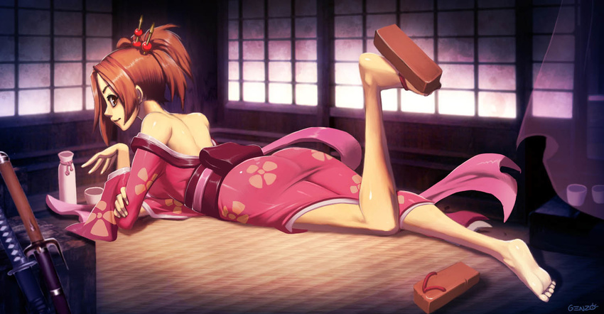 ass back barefoot breasts brown_eyes brown_hair feet fuu genzoman hair_ornament japanese_clothes kimono legs lying medium_breasts off_shoulder on_stomach ponytail samurai_champloo sandals shoes single_shoe soles solo yukata
