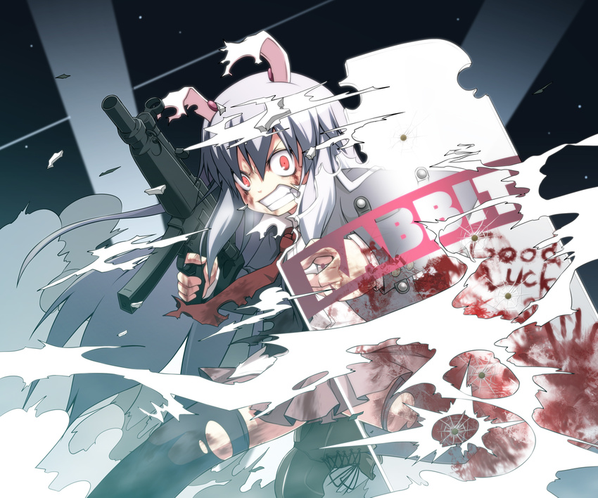 angry animal_ears blazer blood boots bullet_hole bunny_ears commentary english epic gun h&amp;k_mp5 heckler_&amp;_koch highres jacket long_hair necktie noya_makoto pleated_skirt purple_hair red_eyes reisen_udongein_inaba riot_shield shield skirt smoke solo submachine_gun thighhighs torn_clothes torn_legwear touhou weapon