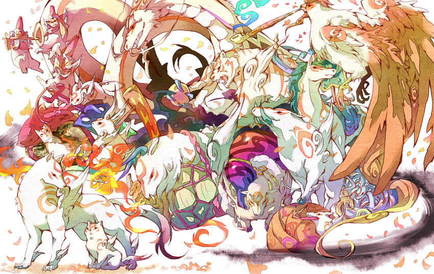 animal bakugami ball bird boar bull bunny cat chibiterasu dog dragon everyone fish gekigami gourd hanagami horns horse itegami kabegami kasugami kazegami moegami monkey no_humans nuregami ookami_(game) ookamiden phoenix pig pipe rat saburou_(carocu) sheep smoking snake sword tachigami tiger weapon wolf yomigami yumigami